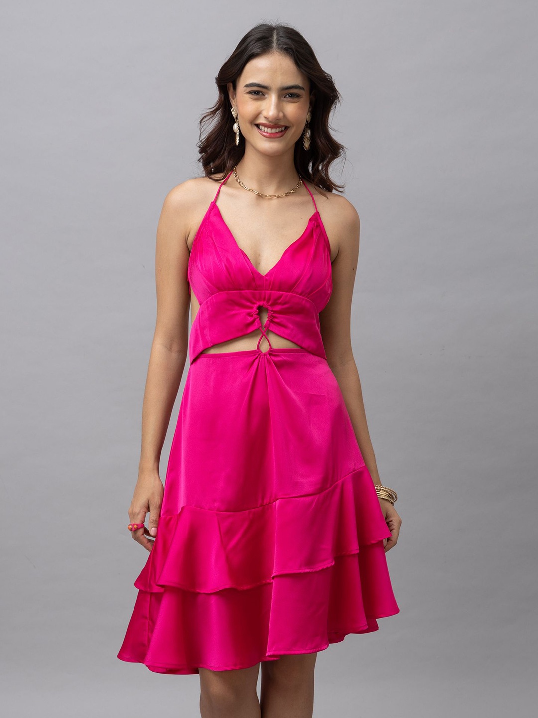 

HAUTEQUE Halter Neck Cut-Outs Fit & Flare Dress, Magenta