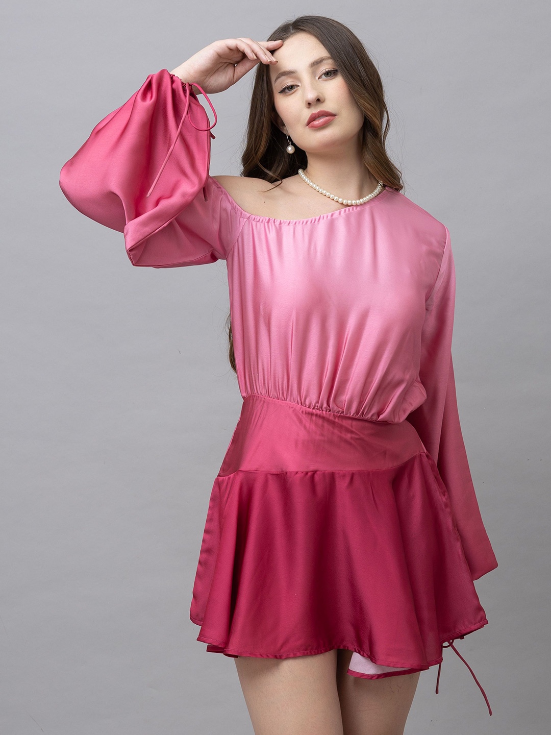 

HAUTEQUE One Shoulder Puff Sleeves Fit & Flare Mini Dress, Pink