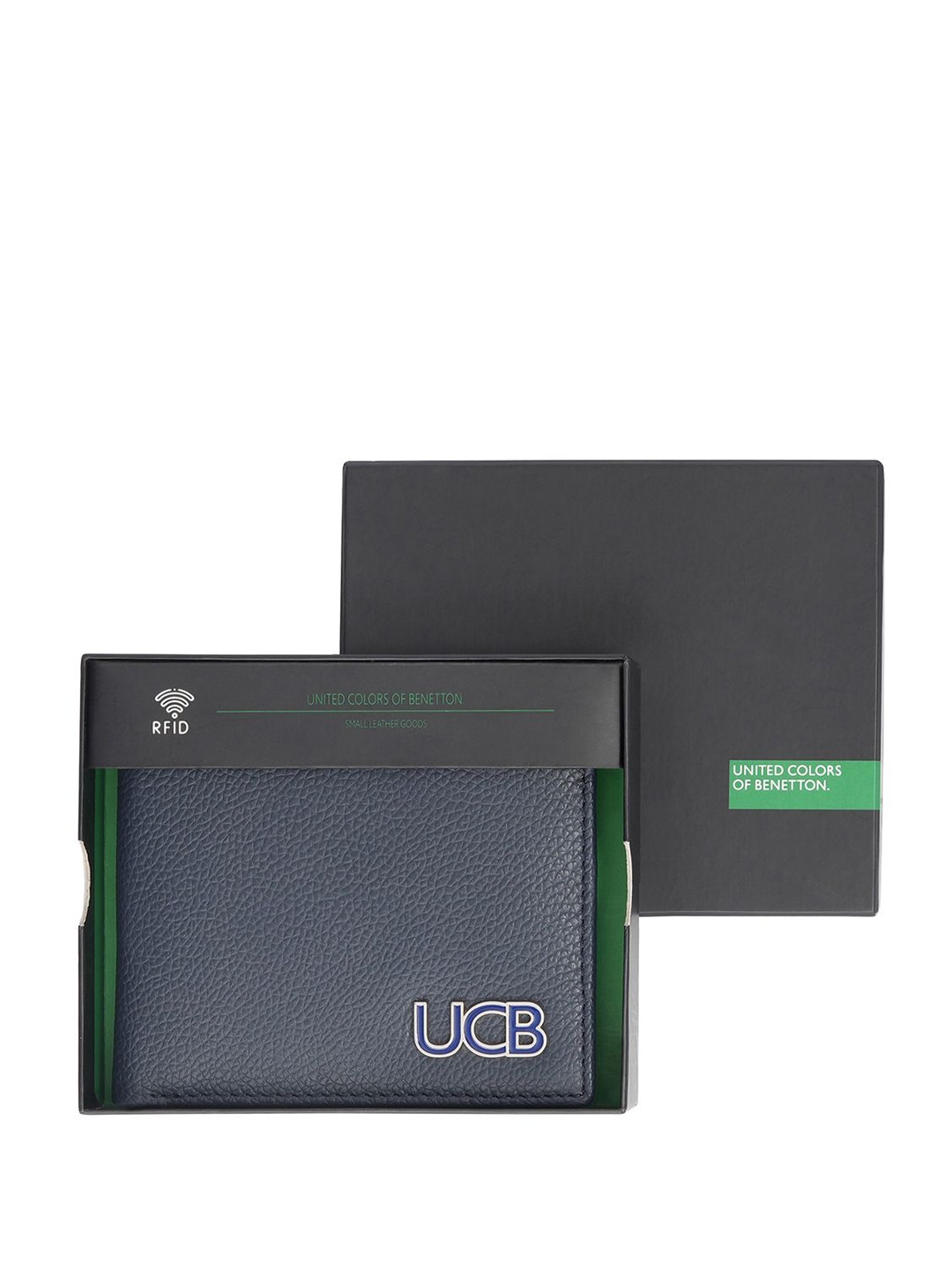 

United Colors of Benetton Men Printed Leather Two Fold Wallet, Navy blue
