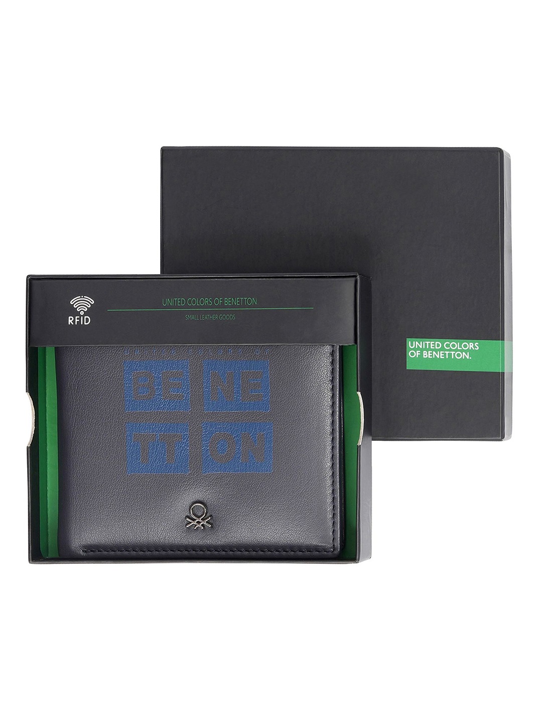 

United Colors of Benetton Men Typography Printed Leather Two Fold Wallet, Navy blue