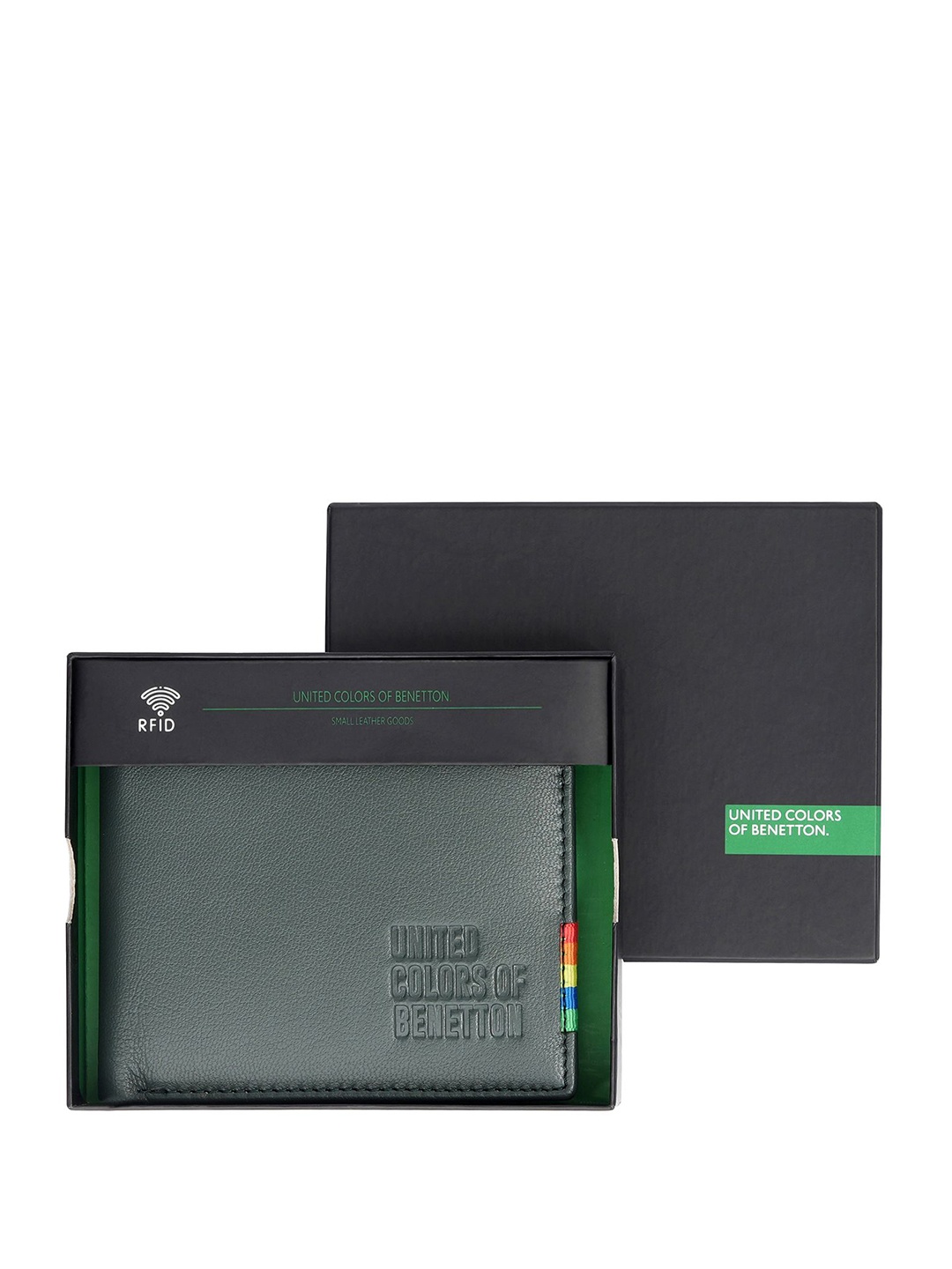 United Colors of Benetton Men Leather Two Fold Wallet, Green