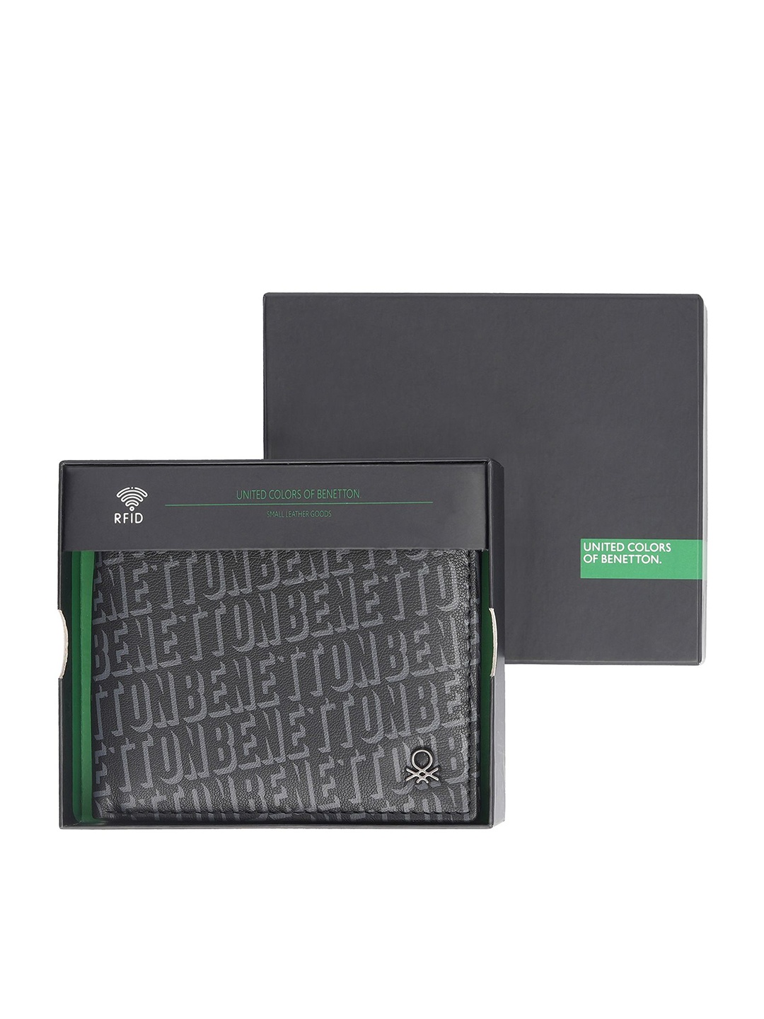 

United Colors of Benetton Typography Printed Leather Two Fold Wallet, Black
