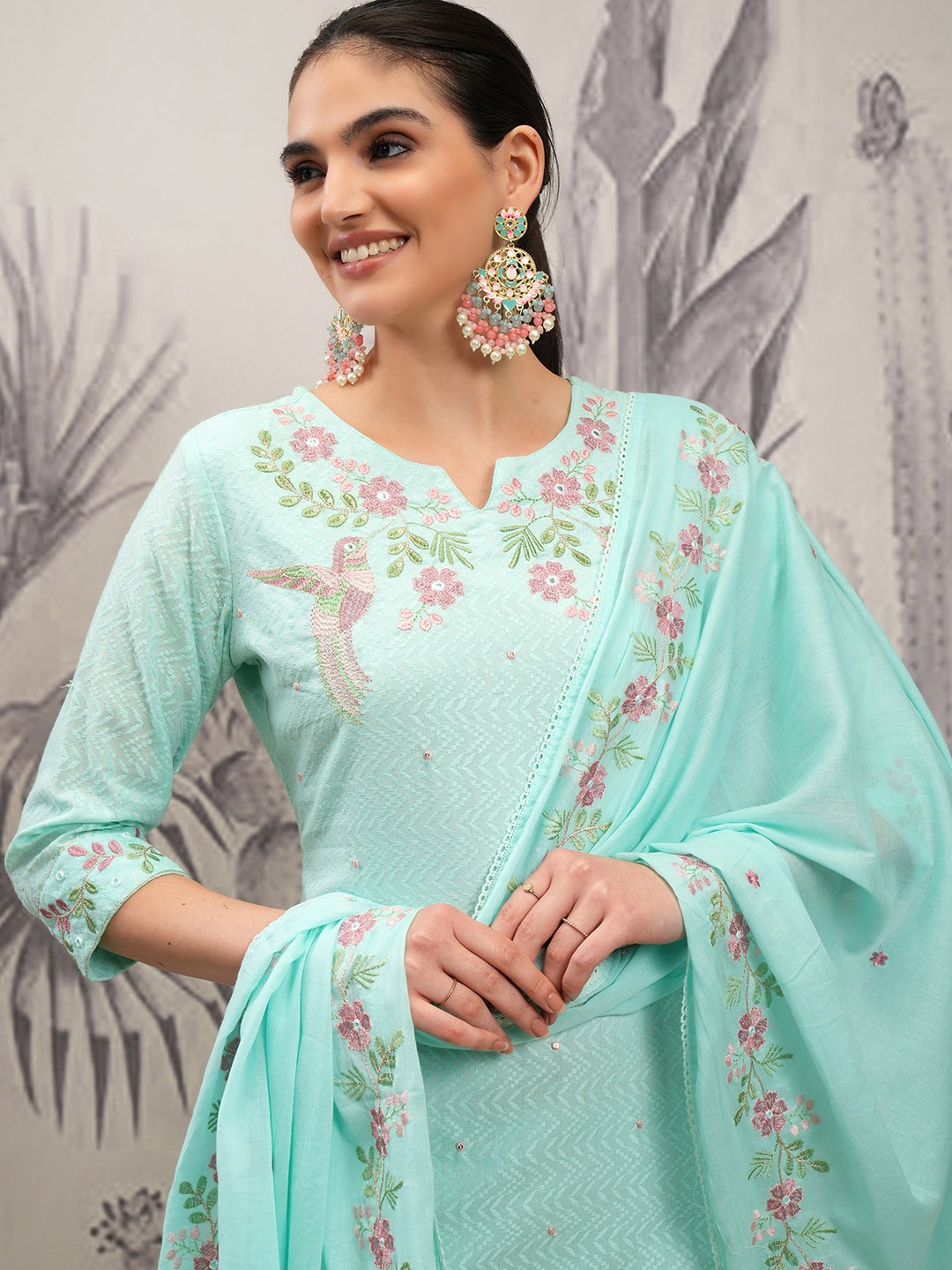 

Vishudh Blue & Pink Floral Embroidered Pure Cotton Straight Kurta & Trousers With Dupatta