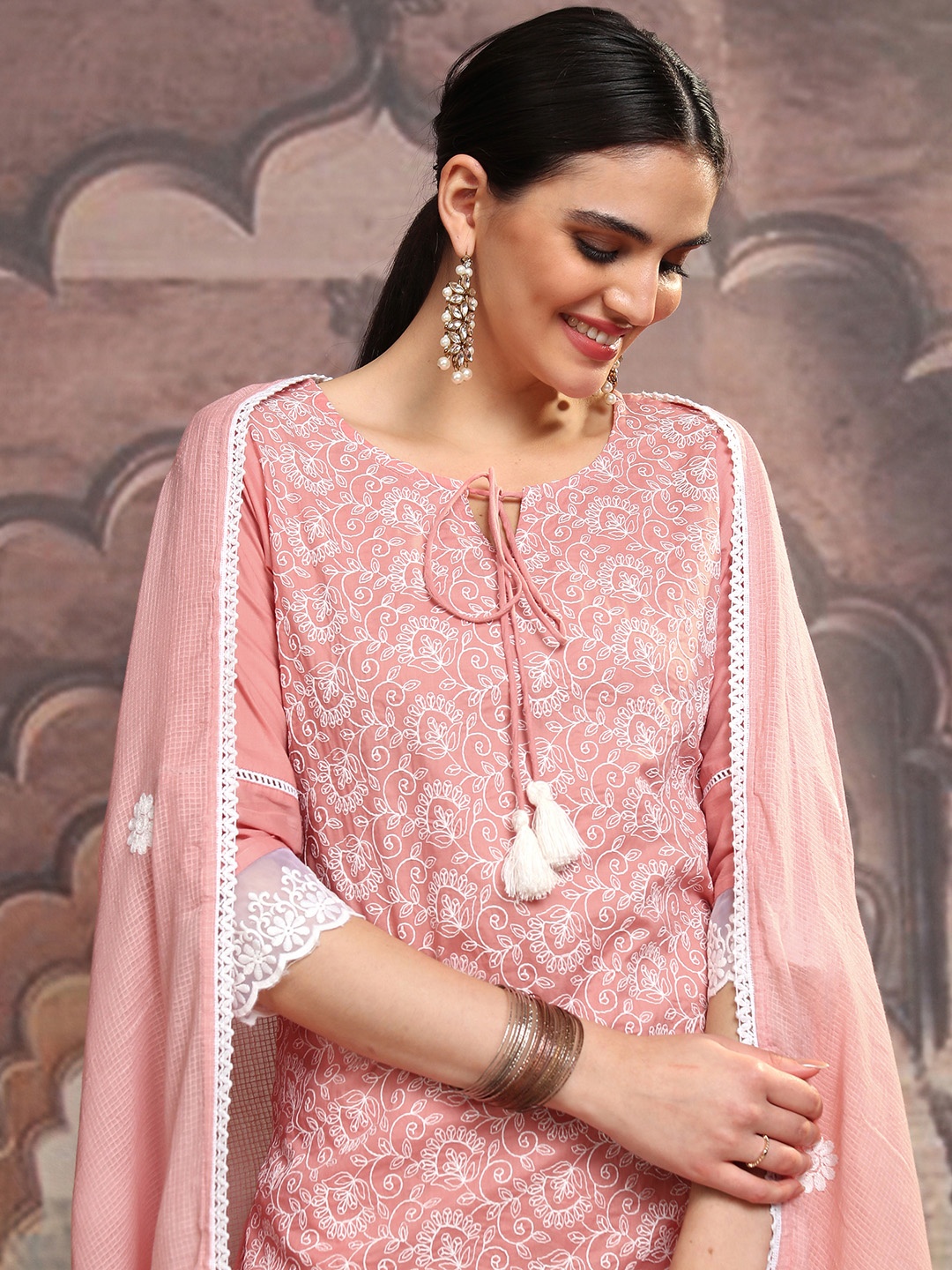 

Vishudh Pink Tie-Up Neck Floral Embroidered Regular Pure Cotton Straight Kurta Set