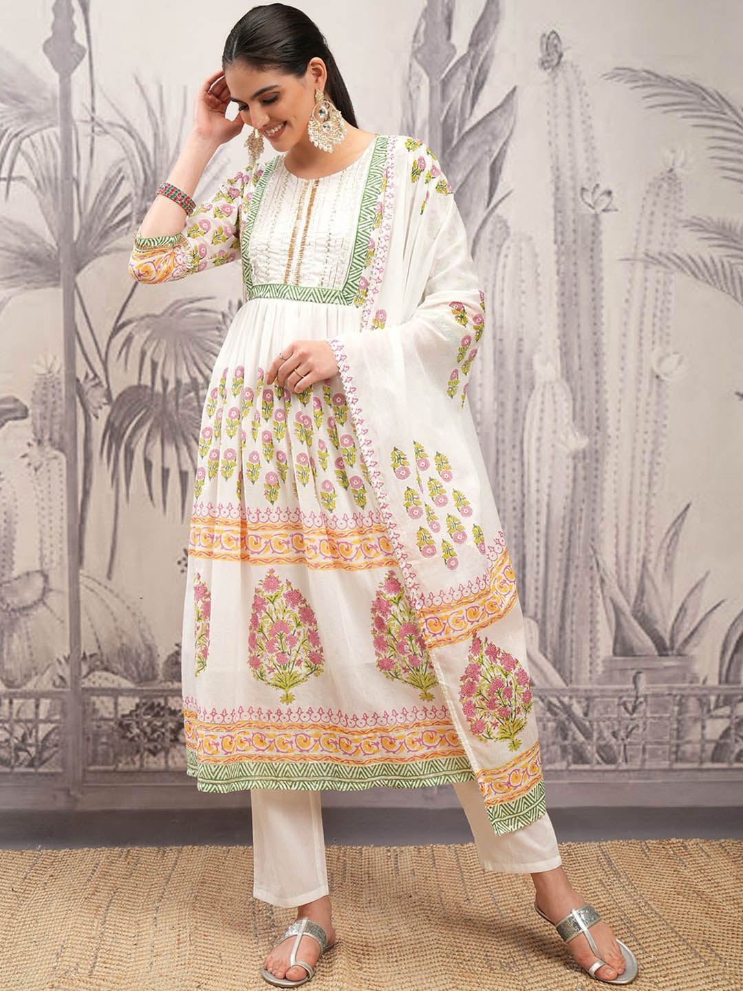

Vishudh White Floral Printed Pure Cotton Anarkali Kurta With Trousers & Dupatta