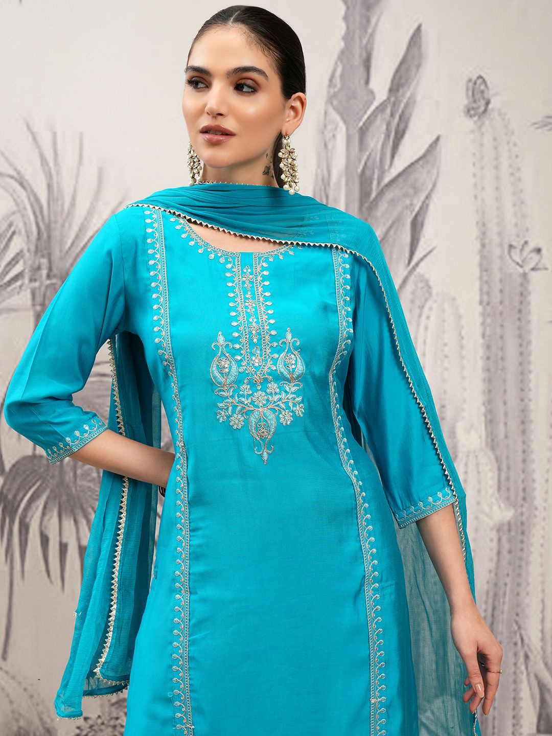 

Vishudh Blue Embroidered Straight Kurta with Trousers & Dupatta
