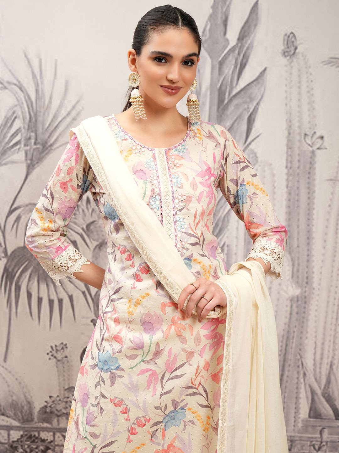 

Vishudh White Printed Mirror Work Pure Cotton Straight Kurta With Trousers & Dupatta
