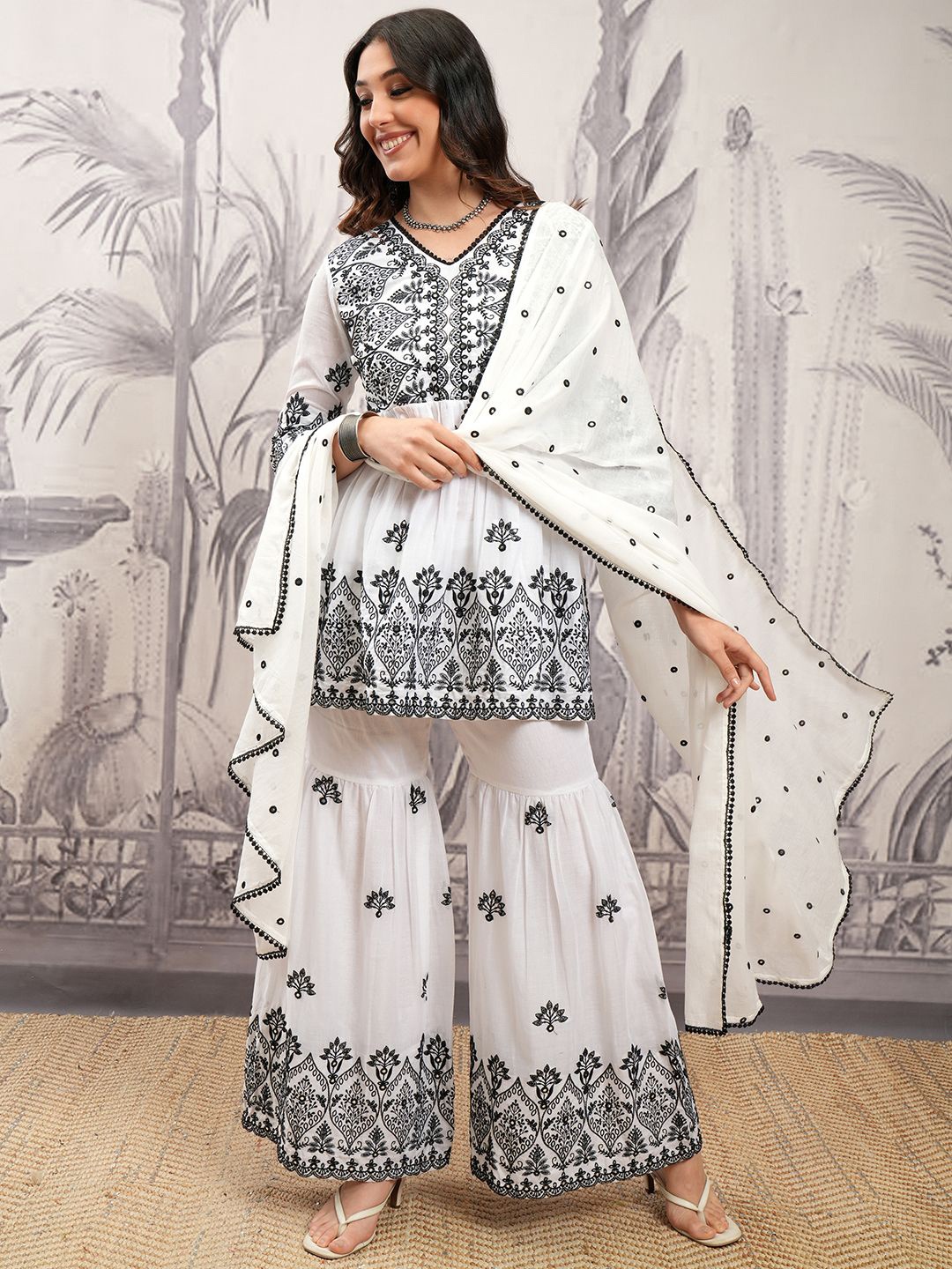 

Vishudh White & Black Embroidered Pure Cotton Anarkali Kurti with Sharara & Dupatta