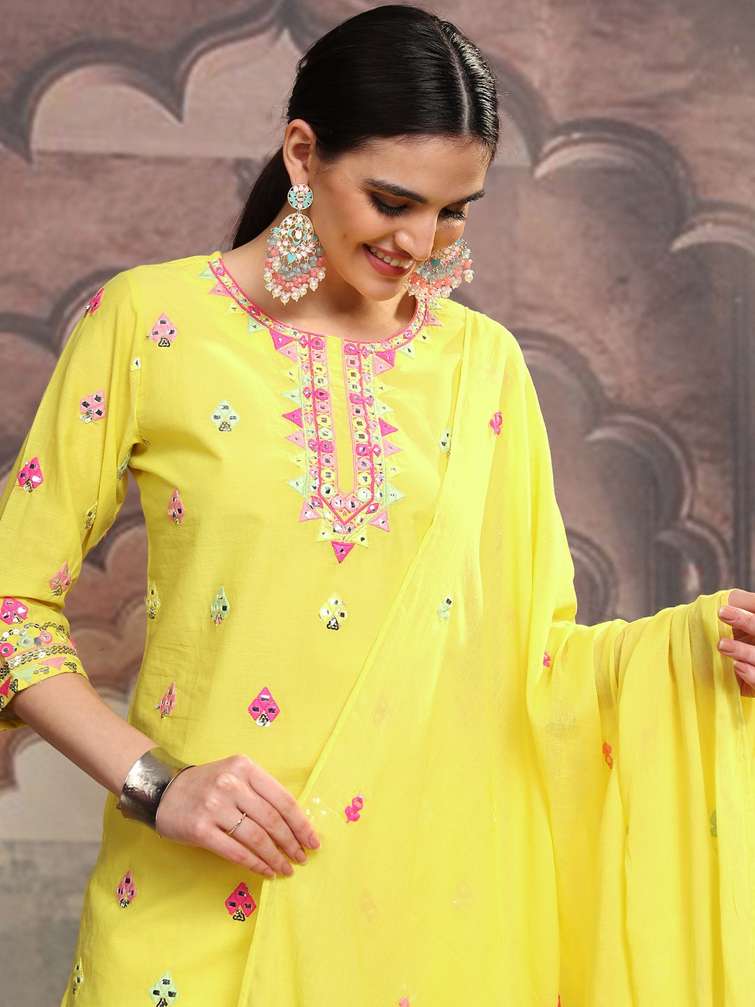 

Vishudh Yellow Embroidered Mirror Work Pure Cotton Straight Kurta With Sharara & Dupatta
