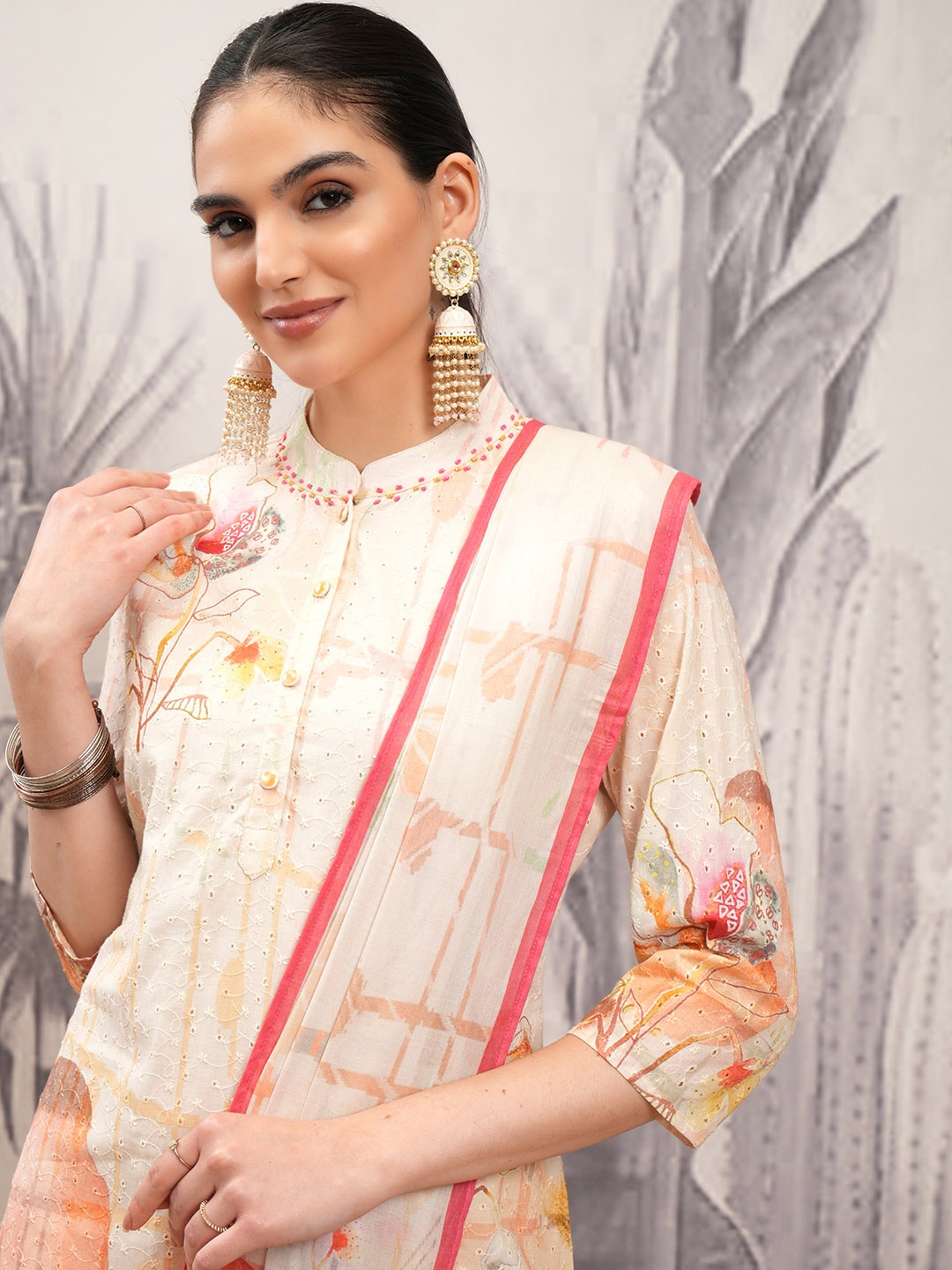 Vishudh Pink Floral Printed Thread Work Pure Cotton Straight Kurta With Trousers & Dupatta