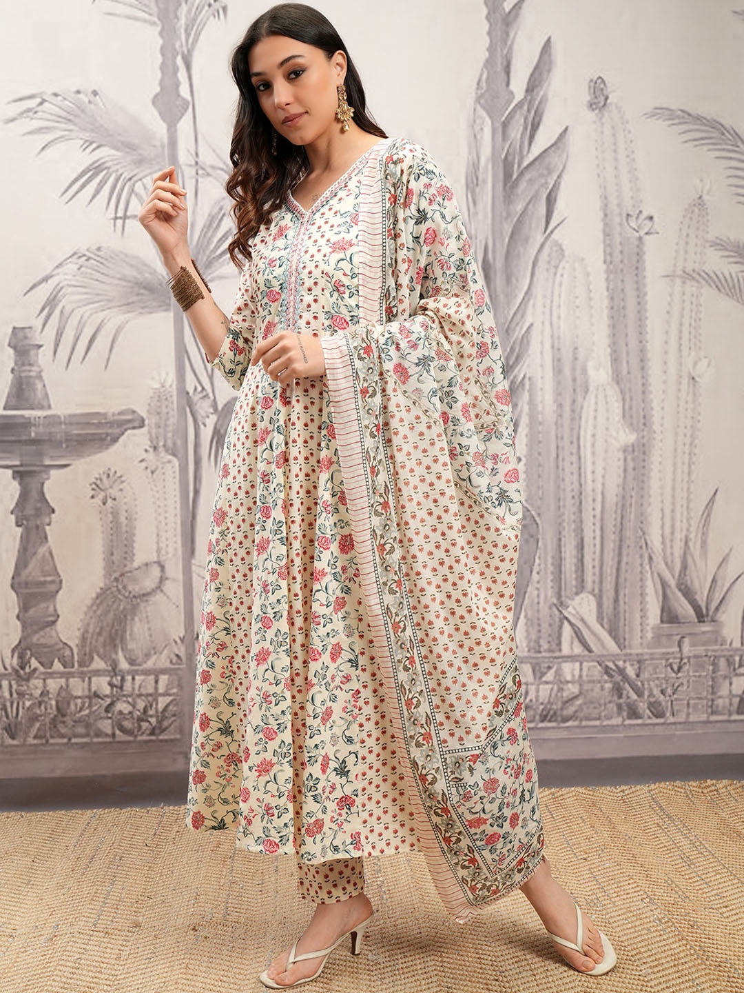 

Vishudh White &Teal Blue Floral Printed Pure Cotton Anarkali Kurta with Trousers & Dupatta