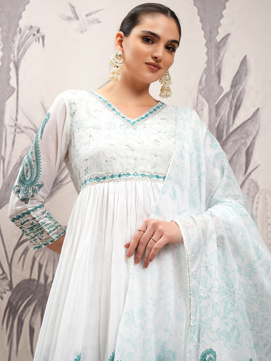 

Vishudh White Paisley Printed Regular Pure Cotton A-Line Kurta With Trousers & Dupatta