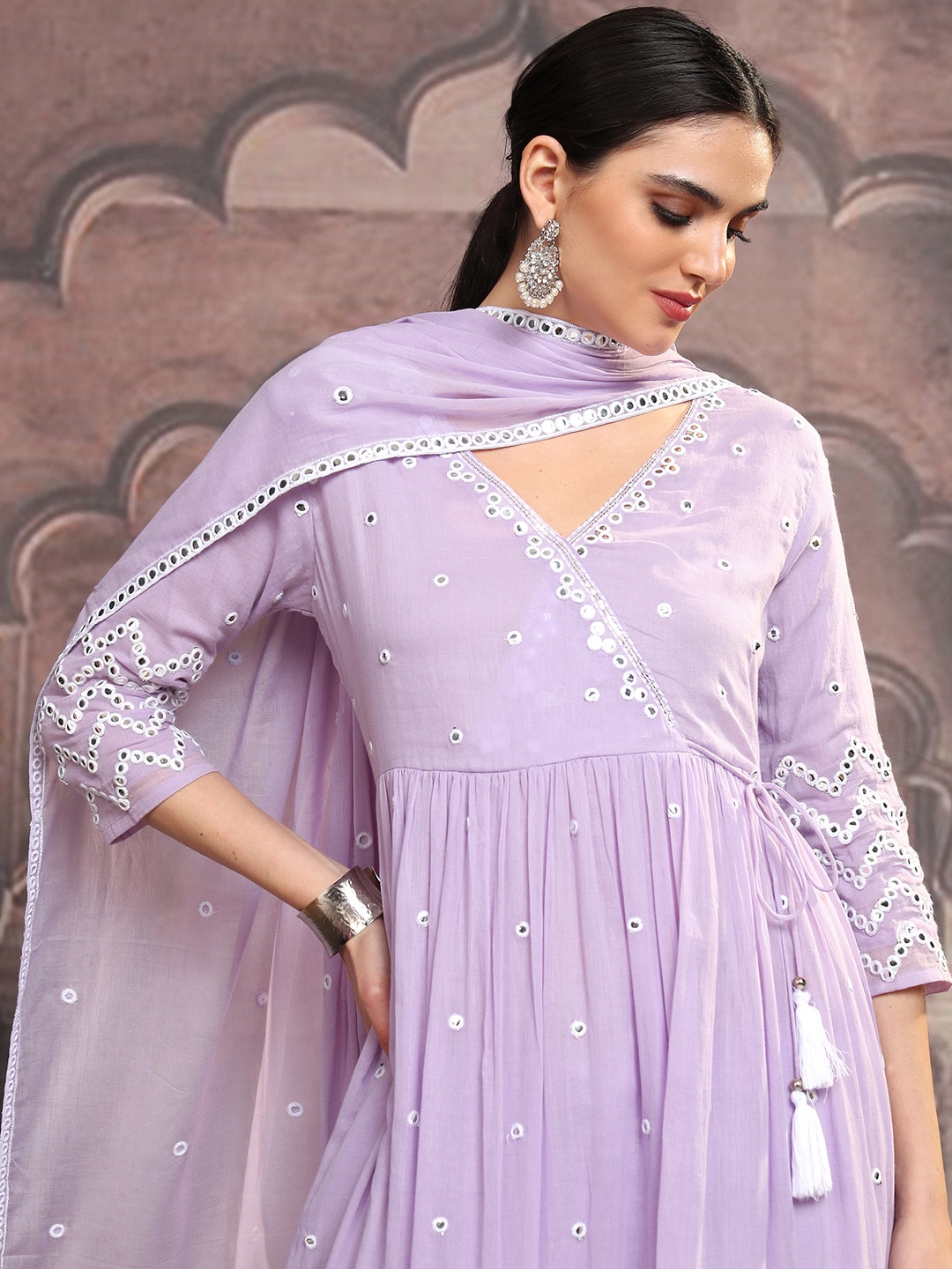 Vishudh Lavender Mirror Work Pure Cotton Anarkali Kurta With Trousers & Dupatta
