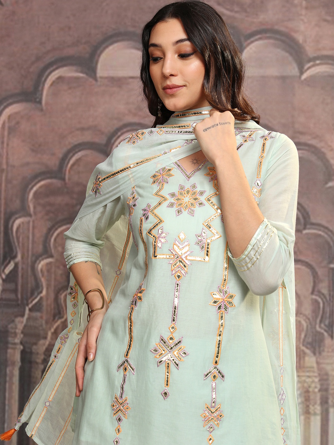 

Vishudh Green Embroidered Thread Work Pure Cotton Straight Kurti With Sharara & Dupatta