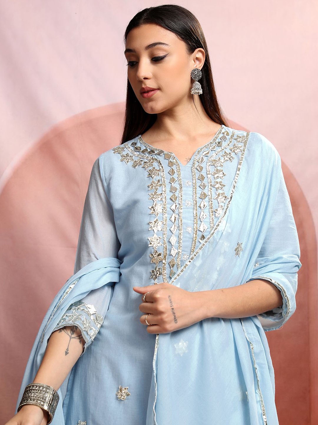 

Vishudh Blue Embroidered Gotta Patti Pure Cotton Straight Kurti With Sharara & Dupatta