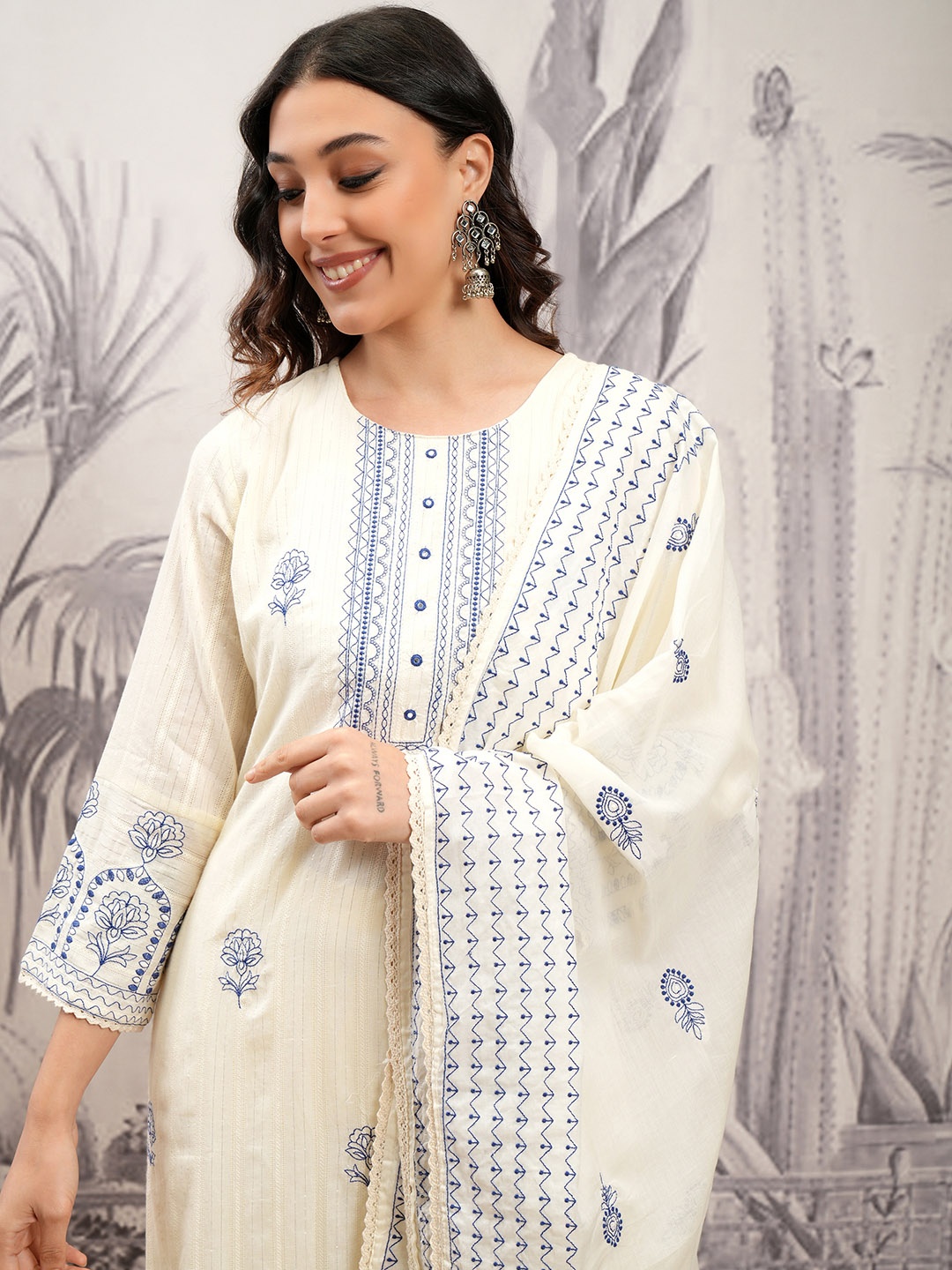 

Vishudh Cream Embroidered Thread Work Pure Cotton Straight Kurta With Trousers & Dupatta