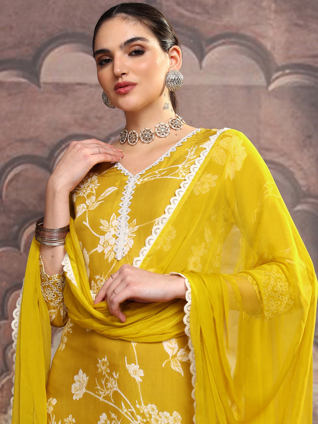 

Vishudh Mustard Floral Printed Regular Gotta Patti Straight Kurta With Trousers & Dupatta