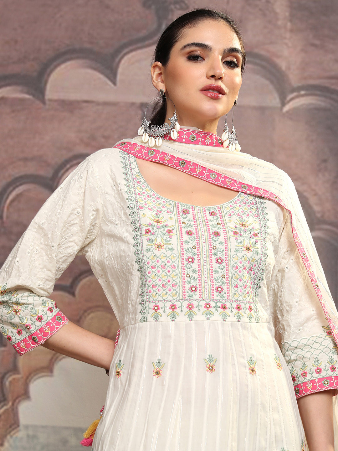 

Vishudh White Ethnic Motifs Printed Thread Work Pure Cotton Kurta With Trousers & Dupatta, Off white
