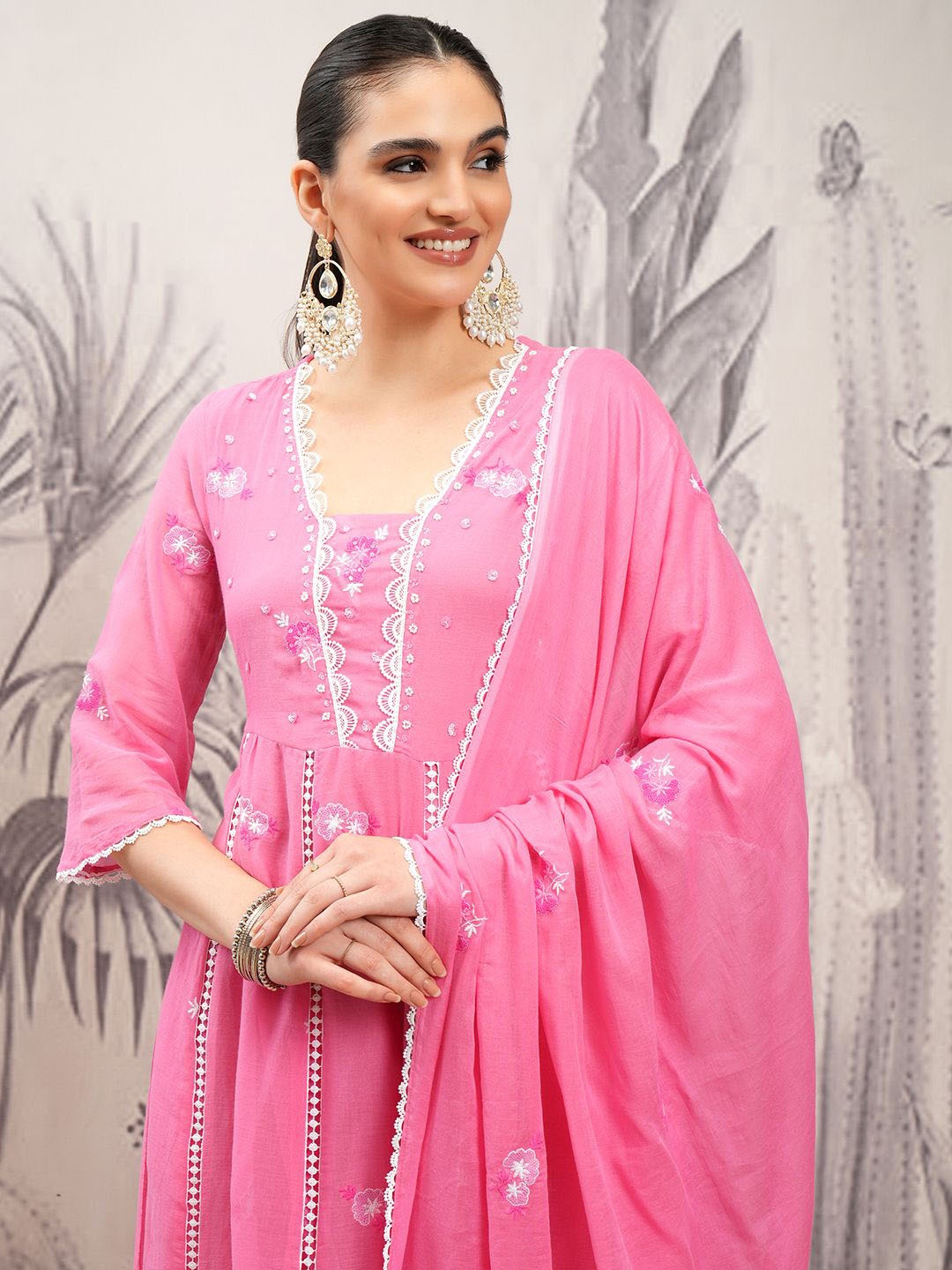 Vishudh Pink Embroidered Thread Work Panelled Pure Cotton Kurta With Trousers & Dupatta