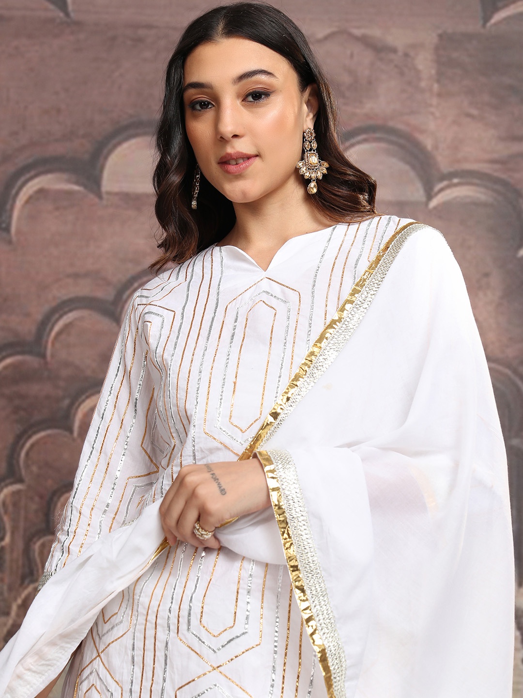 

Vishudh White & Gold Embroidered Gotta Patti Pure Cotton Kurta with Trousers & Dupatta