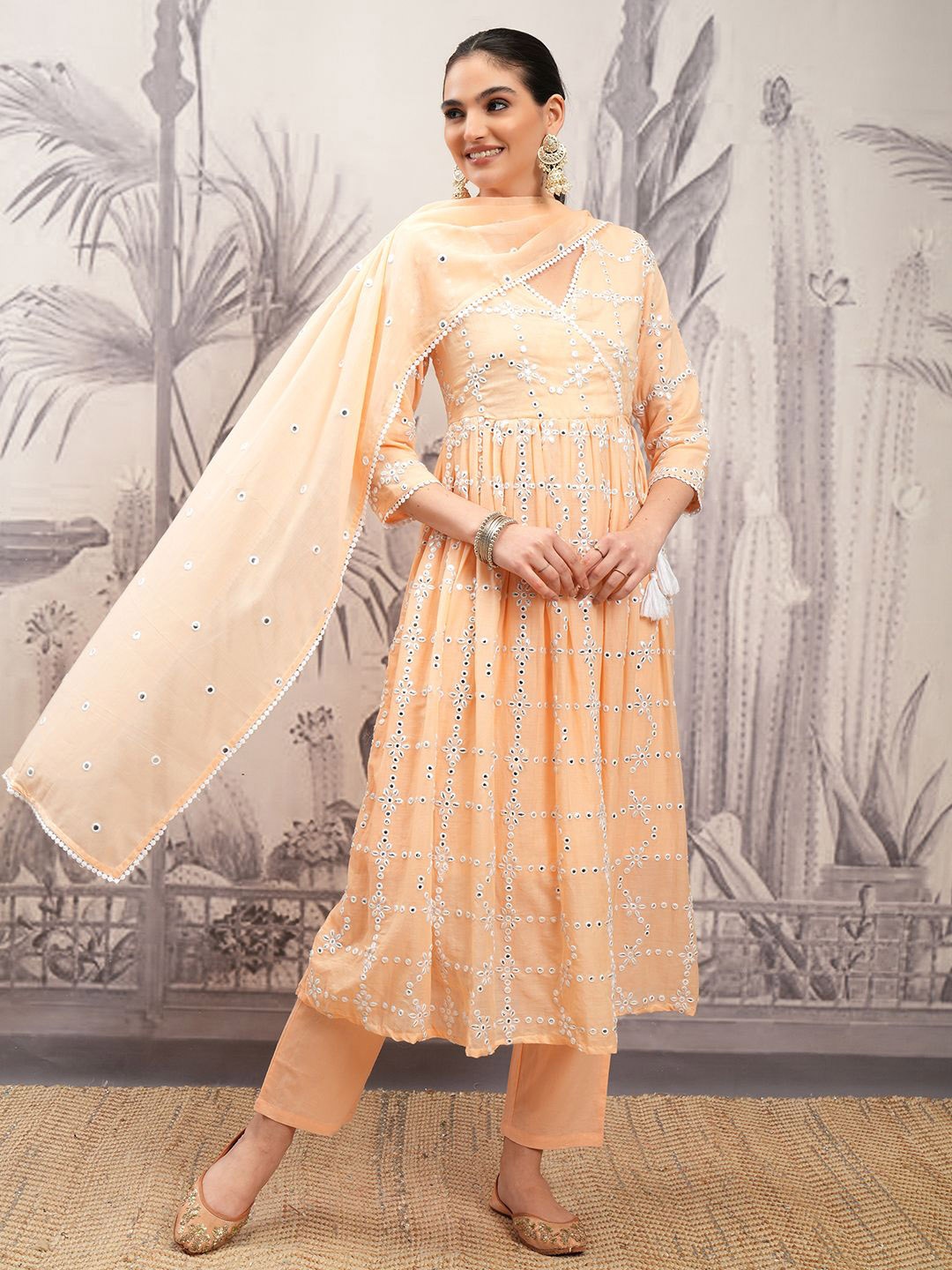 Vishudh Peach Embroidered Mirror Work Pure Cotton Anarkali Kurta With Trousers & Dupatta