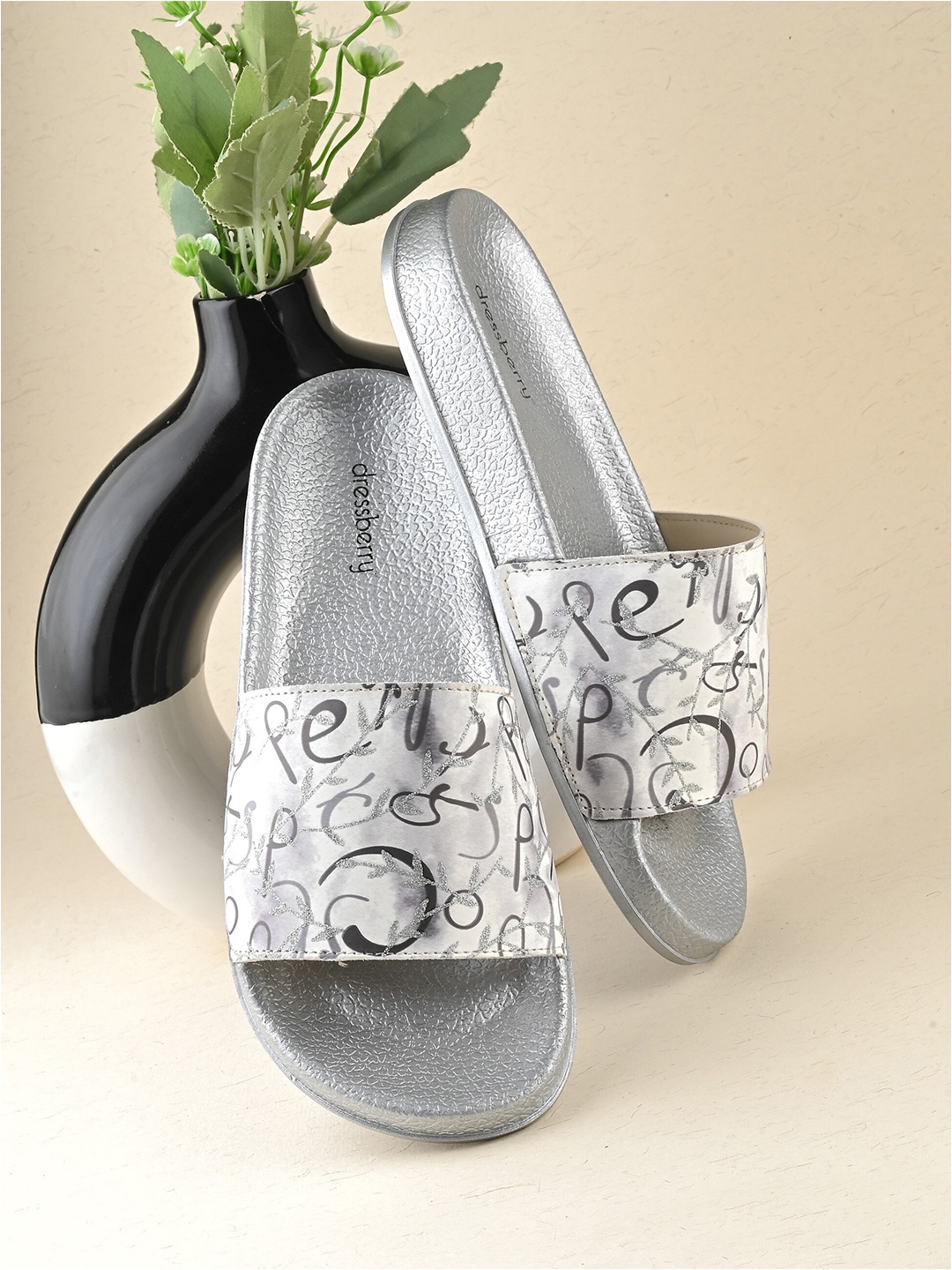 

DressBerry Women Silver Toned Printed Sliders