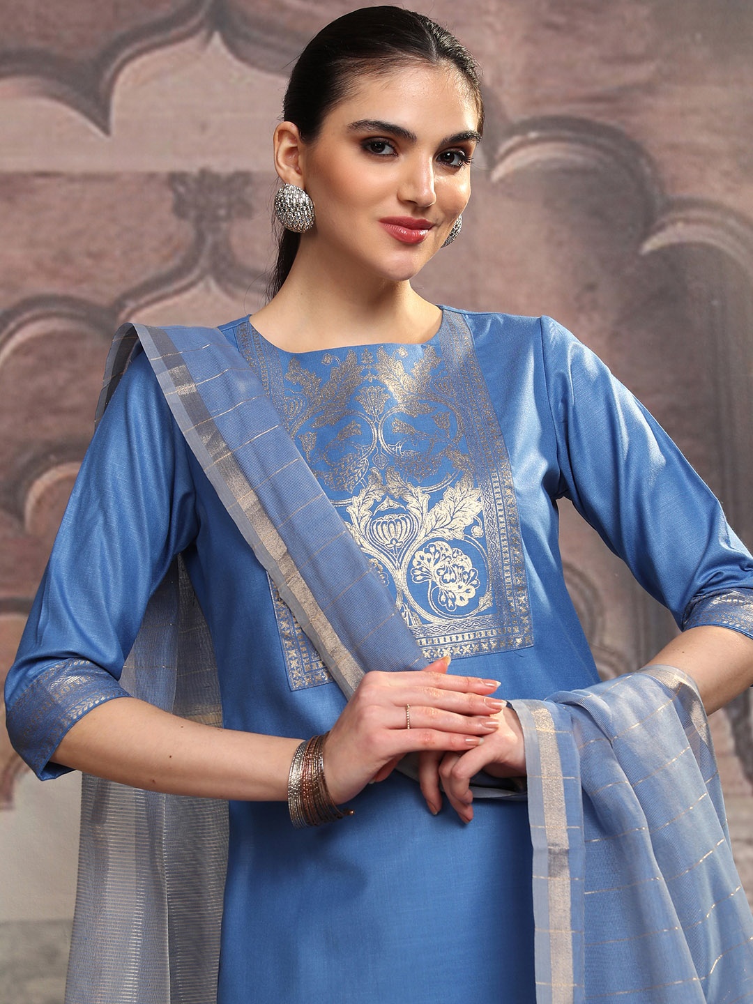 Vishudh Blue Ethnic Motifs Yoke Design Straight Kurta With Trousers & Dupatta