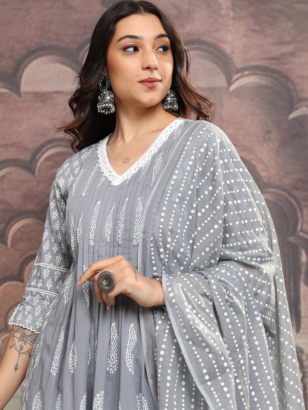 

Vishudh Grey Printed Pure Cotton Anarkali Pleated Kurta With Trousers & Dupatta