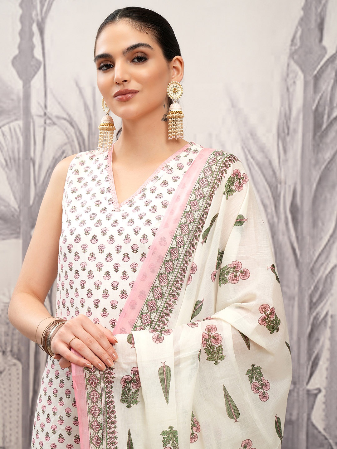 Vishudh Cream Coloured Printed Pure Cotton Straight Kurta With Trousers & Dupatta