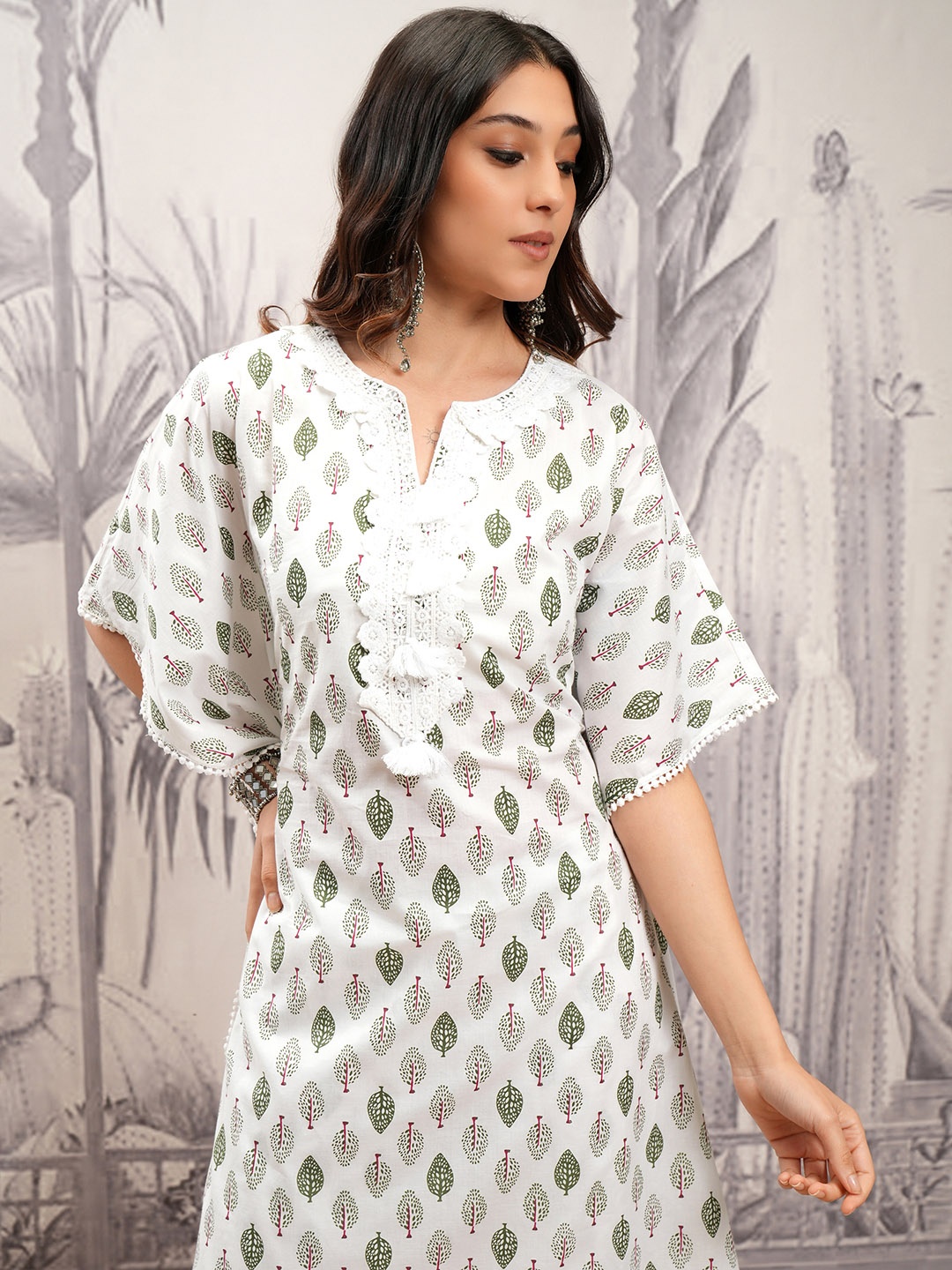 

Vishudh White Floral Printed Notch Neck Pure Cotton Kaftan Kurta With Trousers