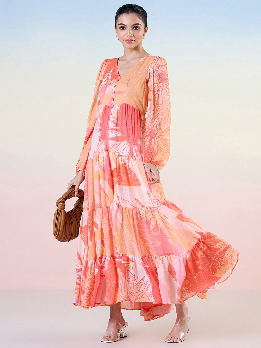 

navyasa by liva Printed Puff Sleeve Liva Maxi Dress, Pink