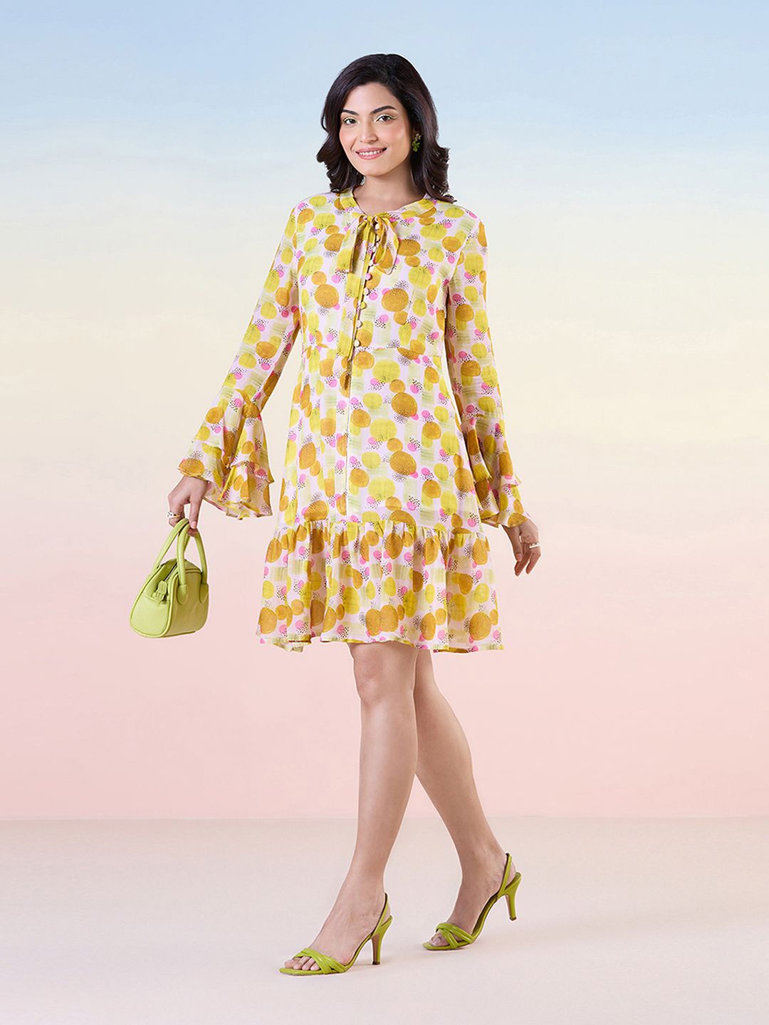 

navyasa by liva Tie-Up Neck Bell Sleeve Liva Drop-Waist Dress, Yellow