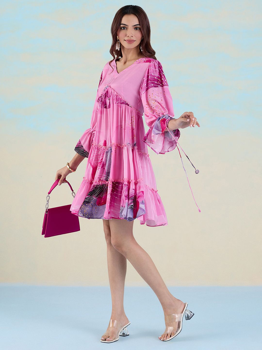 

navyasa by liva Abstract Printed Bell Sleeves A-Line Dress, Pink