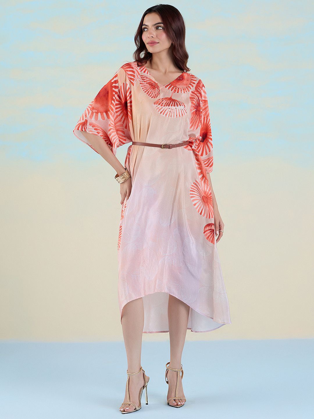 

navyasa by liva Women V-Neck Floral Printed Liva Kaftan Midi Dress, Pink