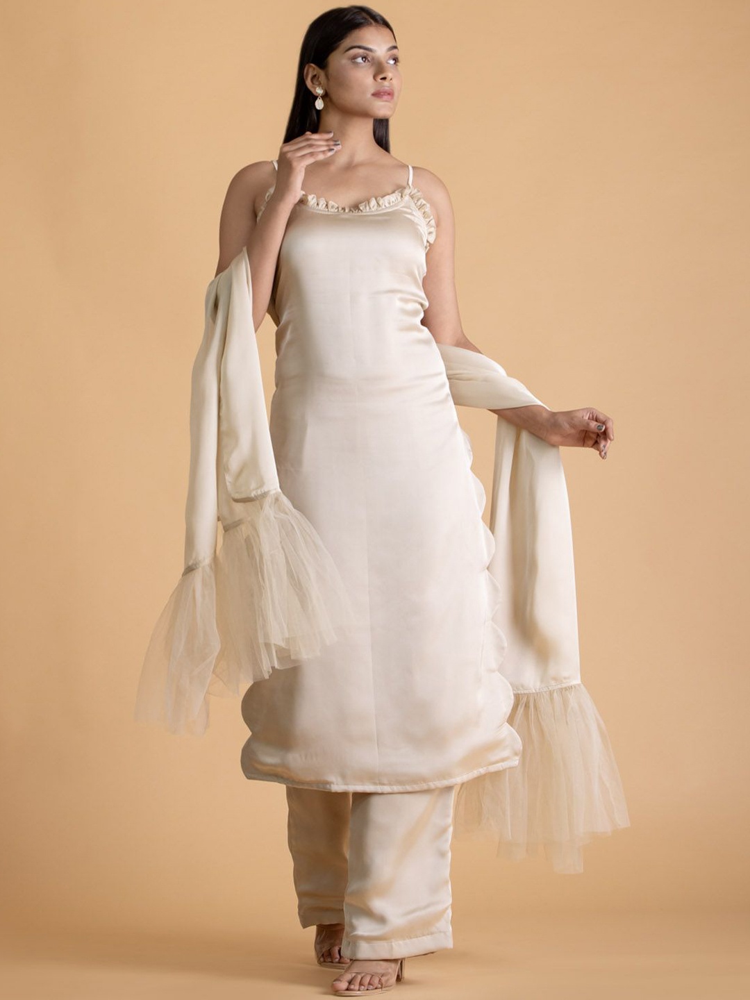 

Bee Boe A-Line Shoulder Straps Kurta ,Trousers & Dupatta, Beige