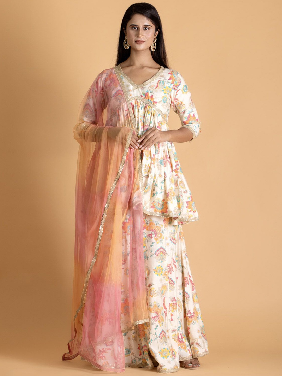 

Bee Boe Floral Printed V-Neck Straight Kurta with Sharara & Dupatta, White