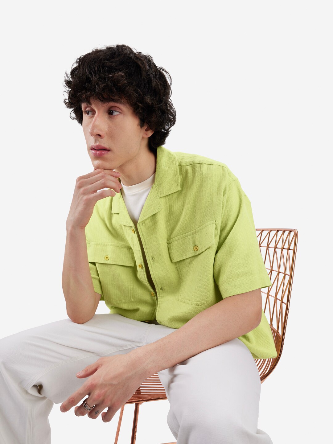 

The Souled Store Cuban Collar Pure Cotton Casual Shirt, Lime green