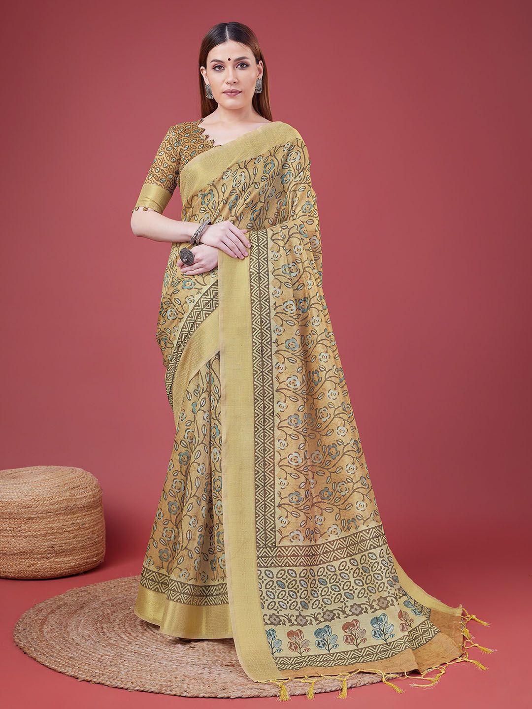 

Ishin Floral Zari Ikat Saree, Beige