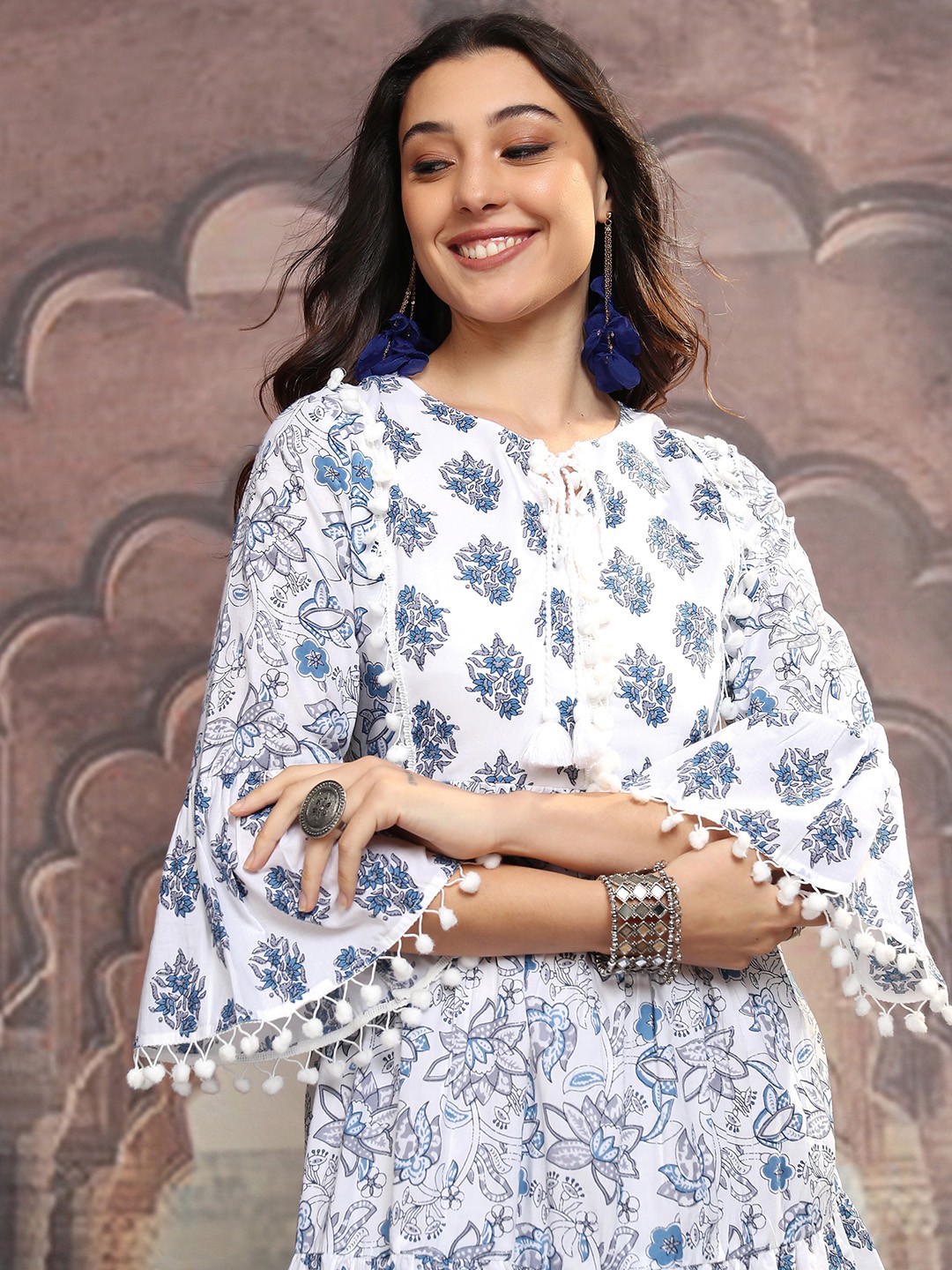 

Vishudh White Floral Printed Tie-Up Neck Flared Sleeves Gathered A-Line Dress