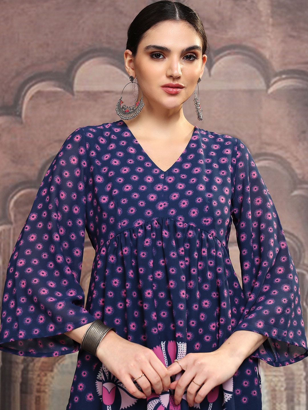 

Vishudh Navy Blue Floral Printed V-Neck Flared Sleeves Empire A-Line Kurta