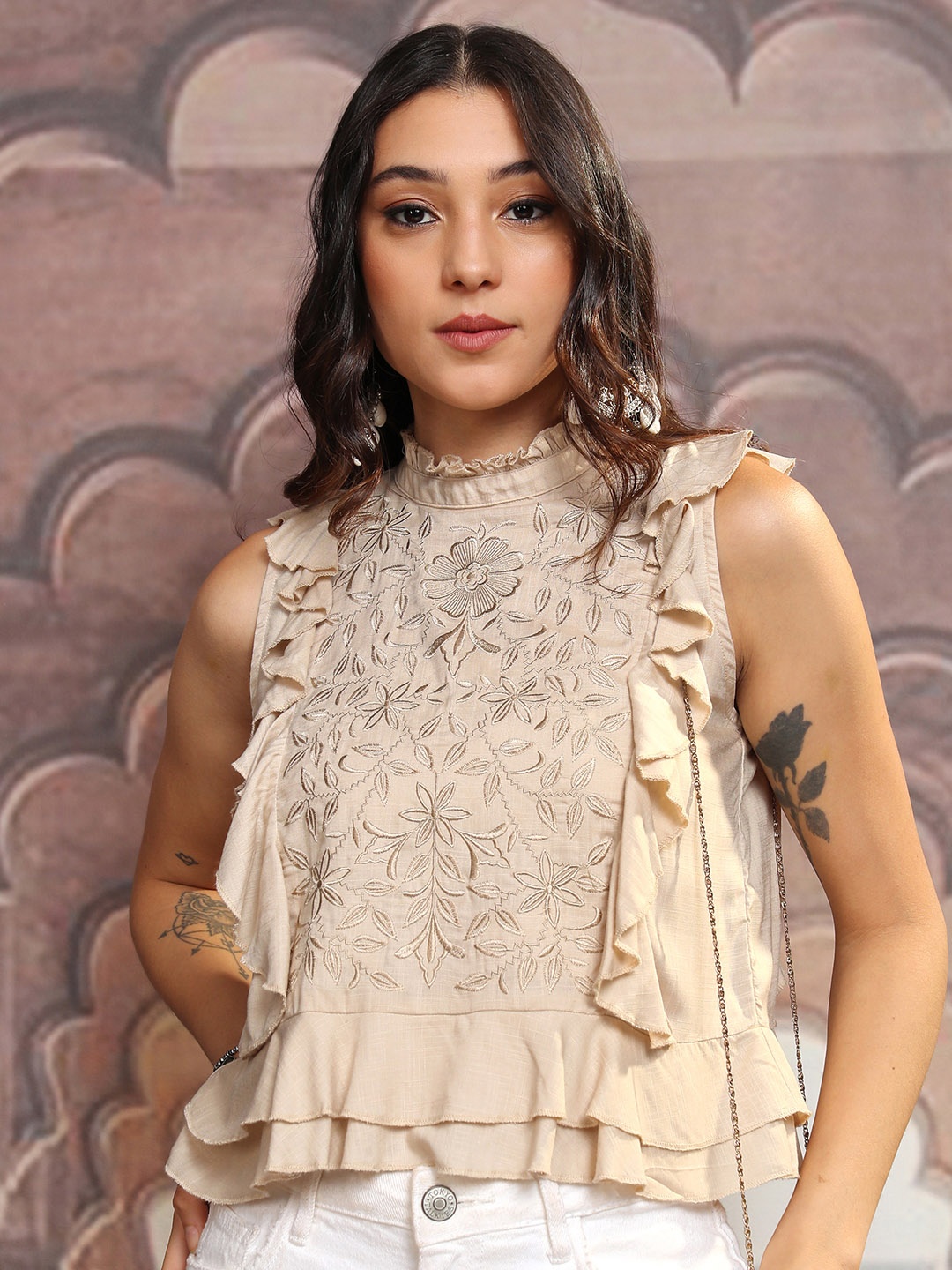 

Vishudh Beige Floral Embroidered High Neck Ruffled Tiered Top