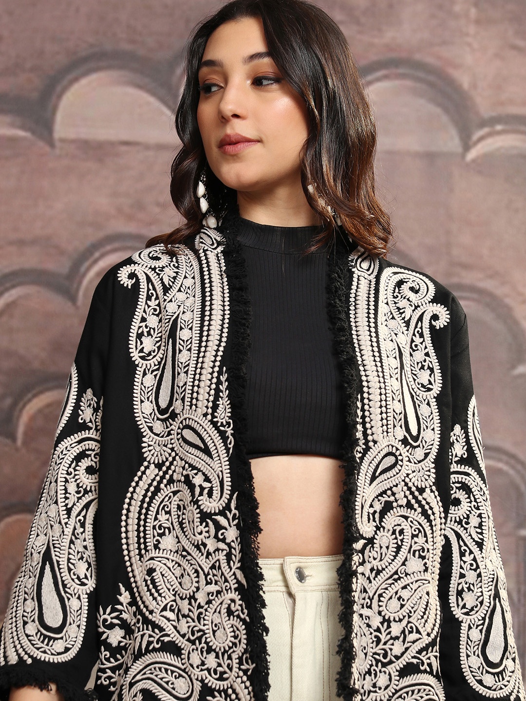 Vishudh Black Floral Embroidered Open Front Jacket