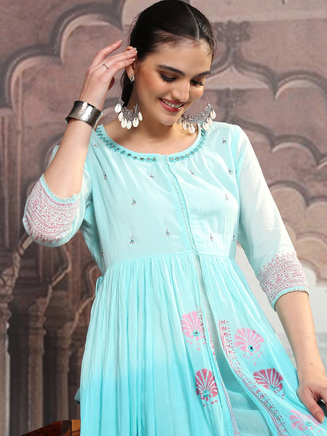 Vishudh Floral Printed Fit & Flare Midi Dress, Blue