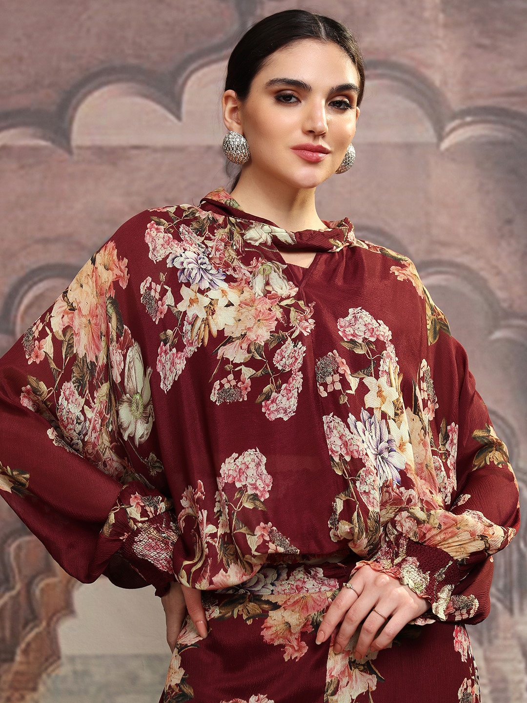 

Vishudh Maroon Floral Printed V-Neck Cuffed Sleeves Top & Flared Trousers