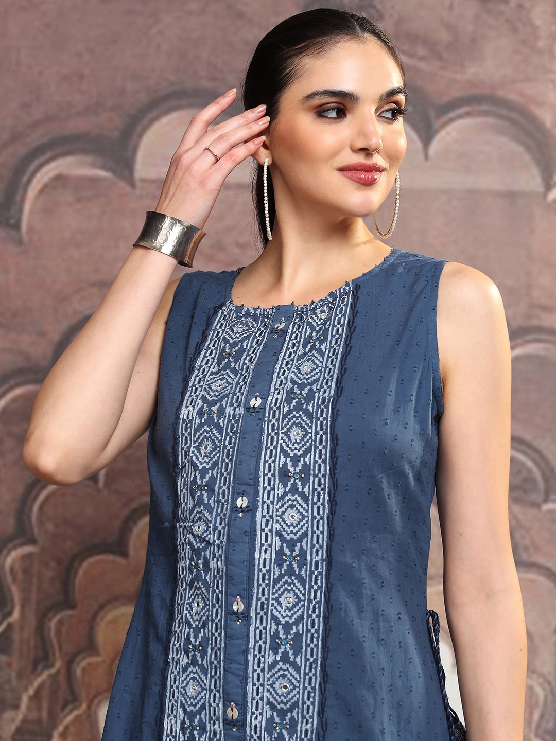 Vishudh Geometric Printed Embroidered Cotton Midi A-Line Dress, Blue