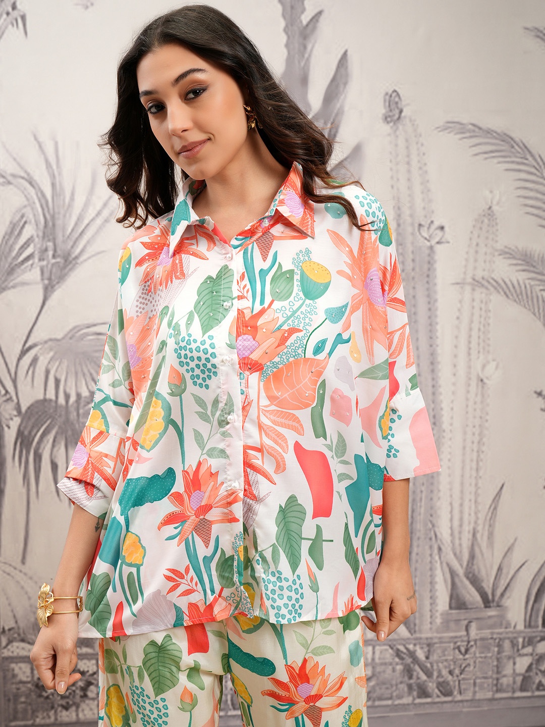 Vishudh White Floral Printed Shirt & Trousers