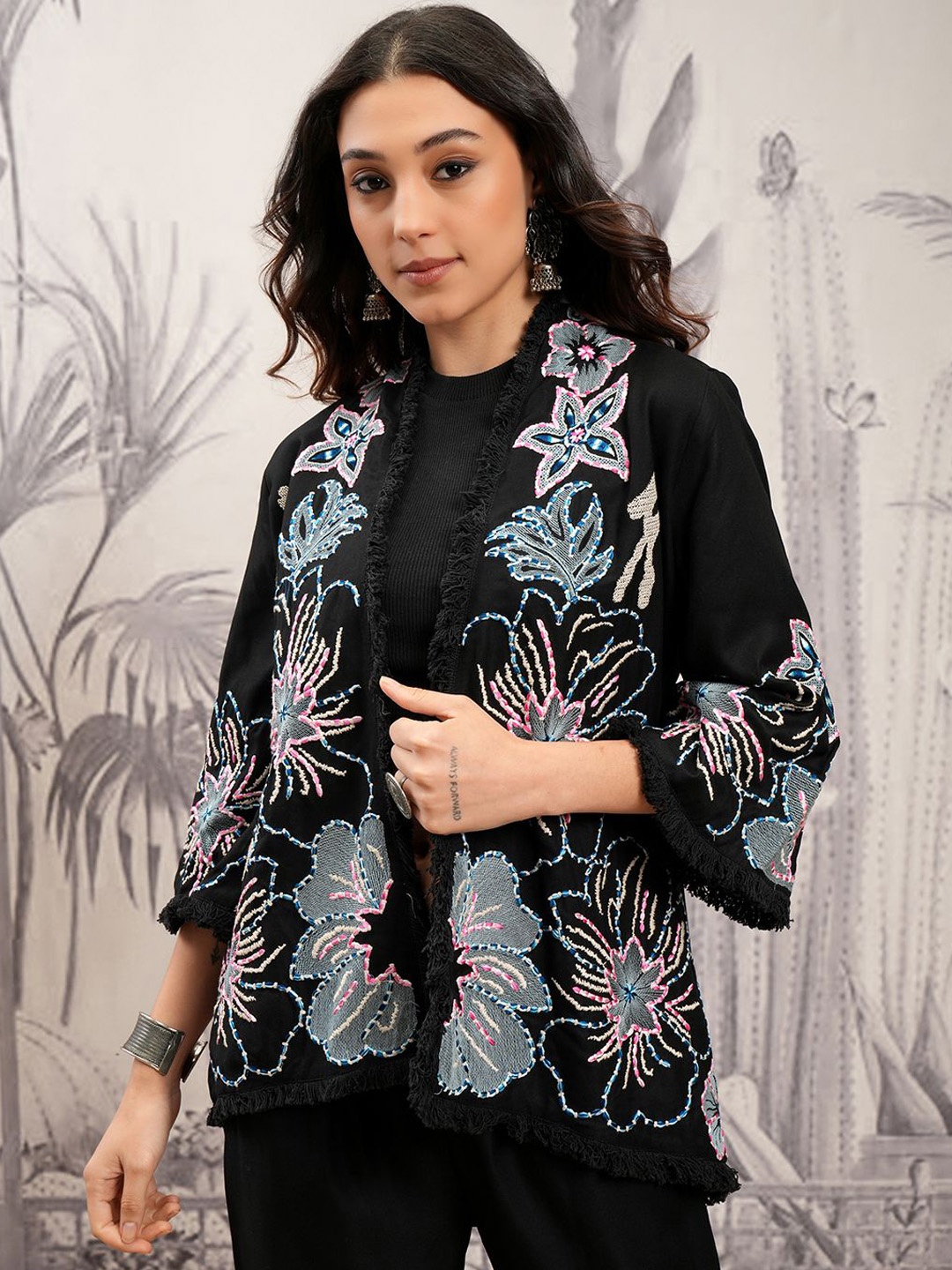 

Vishudh Black Embroidered Crop Top With Jacket & Trousers