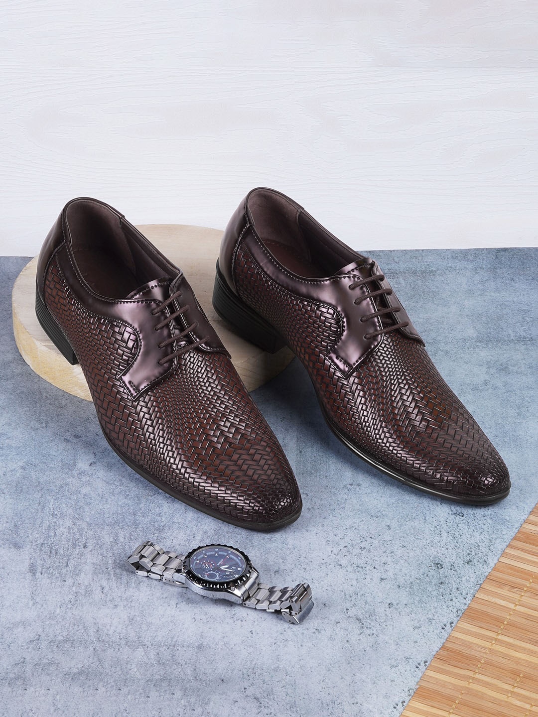 

Metro Men Textured Round Toe Leather Formal Derbys, Brown