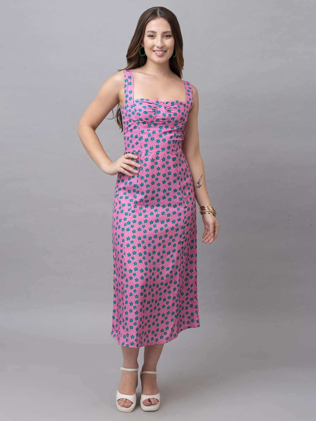 

HAUTEQUE Women Floral Printed Shoulder Straps Sheath Midi Dress, Pink