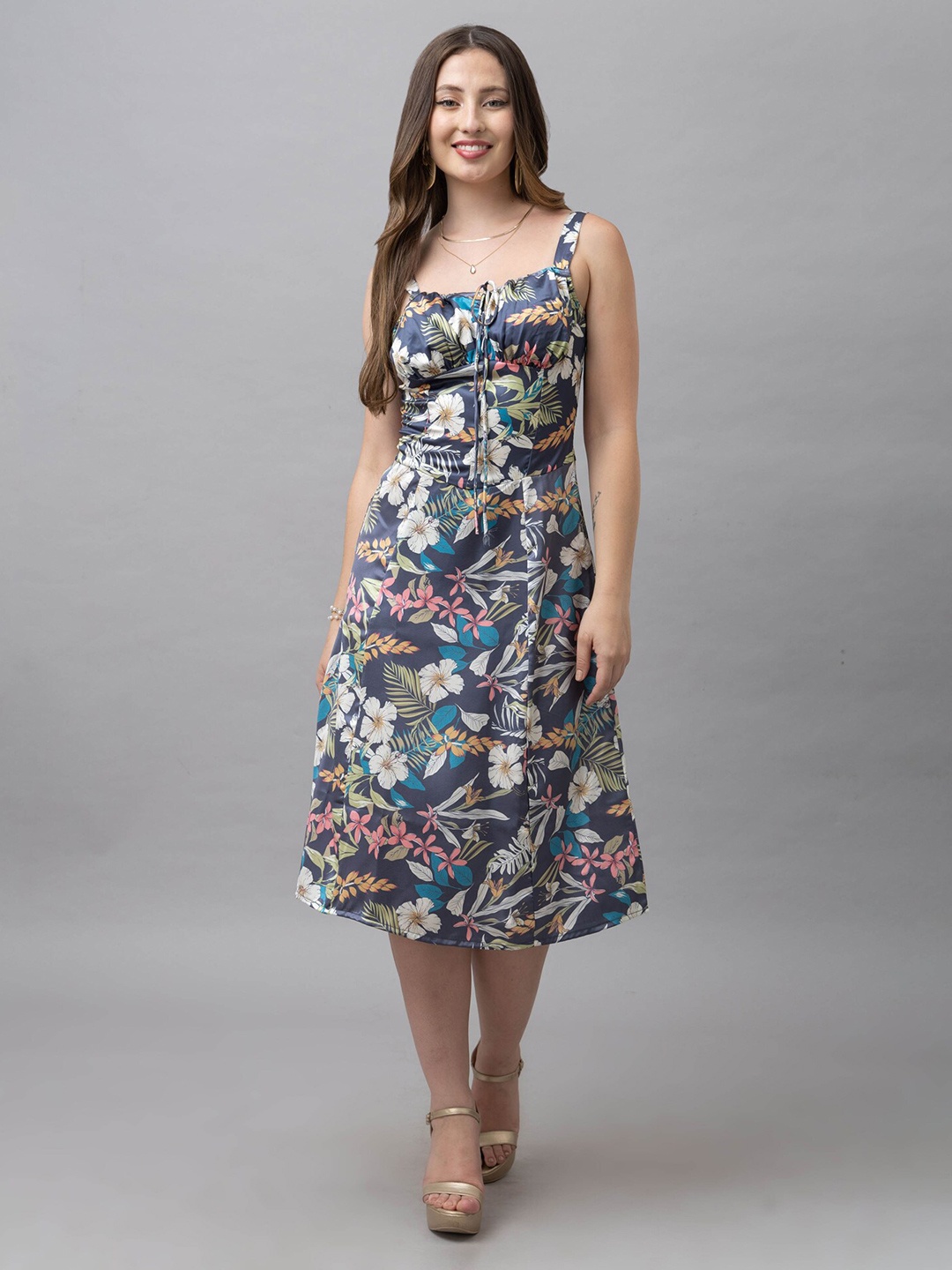 

HAUTEQUE Floral Printed Shoulder Straps A-Line Midi Dress, Grey